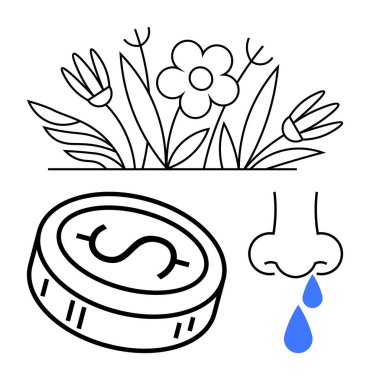 Çiçekler, bitkiler, bozuk para, mavi damlacıklı burun. Sağlık hizmetleri, finansal planlama, sağlık, sağlık giderleri, mevsimsel alerji tıbbi harcamalar ekonomik etki için idealdir. Satır metaforu