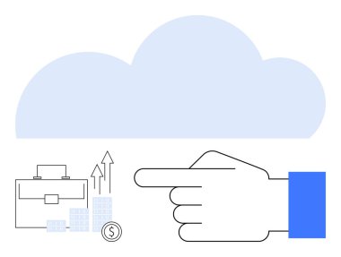 Büyük el, mali büyüme simgeleriyle dolu evrak çantasına ve arka planda büyük bir bulut siluetine işaret ediyor. İş stratejisi, yatırım, büyüme, finans, teknoloji, bulut hesaplama için ideal. Çizgi