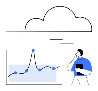 İş adamı, bulutlara karşı veri göstergeleriyle çizelge üzerinde kafa yoruyor. Veri analizi için ideal, bulut hesaplama, karar verme, teknoloji, iş stratejisi, yenilik, gelecek düşüncesi. Satır metaforu