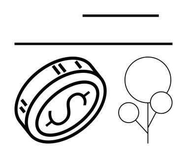 Üç çizgi üzerine yatırılmış dolar sikkesi ve yan tarafındaki soyut ağaç da büyümeyi gösteriyor. Finans, ekonomi, iş büyümesi, sürdürülebilirlik, çevresel etki, maliyet yönetimi, zenginlik için ideal