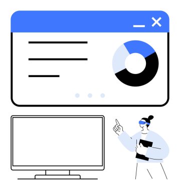 İş adamı, bir pasta grafiği de dahil olmak üzere veri grafiklerini gösteren büyük bir ekranın yanında sunum yapıyor. İş analizleri, sunumlar, veri görselleştirmesi, kurumsal eğitim, çevrimiçi öğrenim için ideal