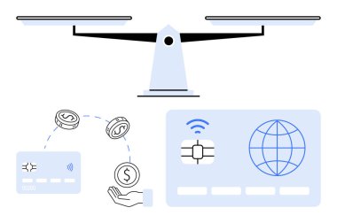 Denge terazisi, dijital ödeme kartı, kredi kartı, el transferi paraları. Finans, bankacılık, dijital işlemler, çevrimiçi ödemeler, mali denge para transferi için ideal