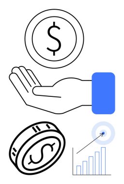 El ele tutuşan bozuk para, başka bir bozuk para, büyüme grafiği ve oklu hedef. Finans, yatırım, tasarruf, iş büyümesi için ideal ekonomik strateji ve zenginlik. Satır metaforu