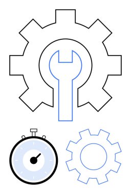 İngiliz anahtarı ve kronometre bakım onarımı ve zamanlamayı sembolize ediyor. Üretkenlik, verimlilik, teknik destek, proje yönetimi, mekanik süreçler ve endüstriyel temalar için ideal. Çizgi