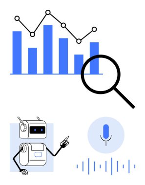 Çizgi çizelgesi olan çubuk grafik, işaret eden cam robot ve ses tanıma simgesi. Veri analizi için ideal, yapay zeka, ses yardımı, teknoloji, yenilik, araştırma, otomasyon. Çizgi