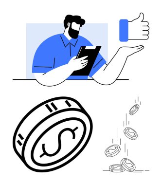 Panoya yazı yazan bir adam, iyi niyet göstergesi, büyük paralar, daha küçük paralar. Finans, yatırım, tasarruf, iş, ekonomi onaylı zenginlik için idealdir. Satır metaforu