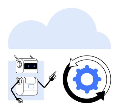 Robot asistanı işaret eden büyük bulutlu ve oklu teçhizatlı. Otomasyon, bulut hesaplama, yapay zeka, teknoloji, yenilik, süreç ve bütünleşme konuları için idealdir. Satır metaforu