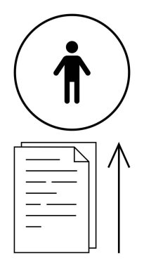 Üst üste yığılmış iki belgenin üzerinde yukarı doğru ok olan bir çemberin içindeki simge. Kariyer büyümesi, iş başvurusu süreçleri, belge yönetimi, kişisel kalkınma, hedef belirleme, iş