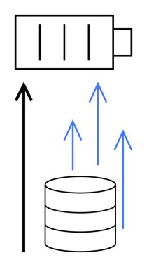 Batarya okları silindirik merkez enerji akışının dijital bağlantı veri transferini vurguluyor. Teknolojik yenilik, enerji, büyüme, verimlilik, ilerleme, dijital dönüşüm ve güç için ideal. Çizgi