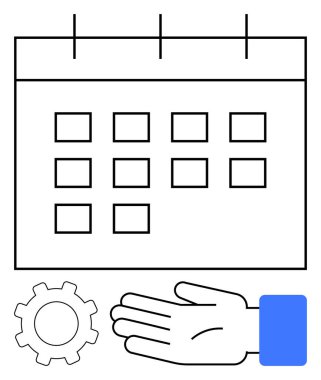 Takvim ızgarası, el ve vites simgeleri. Proje yönetimi, programlama, zaman yönetimi, verimlilik, teslim tarihleri takım çalışması için ideal. Satır metaforu