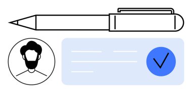 Kalem mavi kartın üstünde, üzerinde çizgiler ve mavi işaret var. Sakallı bir adamın avatarının yanında. Kimlik doğrulama, onay süreçleri, çevrimiçi formlar, kimlik doğrulama, kullanıcı profilleri için ideal