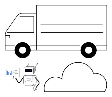 Teslimat kamyonu, robot analitik şeması ve bulut şekli. Lojistik, teknoloji, dağıtım hizmetleri, veri analizleri, yapay zeka bulut depolama ve otomasyon temaları için idealdir. Satır metaforu