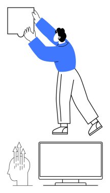 Mavi gömlekli biri bulmaca parçası yerleştiriyor, yukarı doğru ok atan bir insan kafası fikirler ve bilgisayar monitörü. Sorun çözme, yaratıcılık, yenilik, eğitim, teknoloji ve takım çalışması için ideal