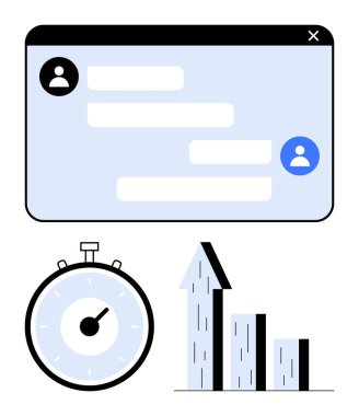 Chat pencere kronometresi ve yukarı ok grafiği. Üretkenlik, iletişim, performans, takım çalışması, iş büyümesi, zaman yönetimi, verimlilik için ideal. Satır metaforu