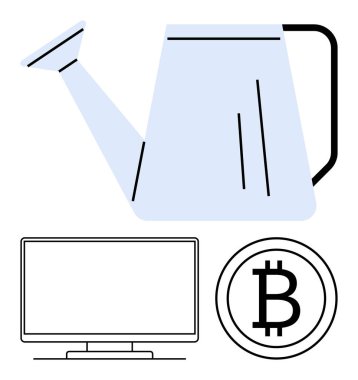 Sulama kutusu, Bitcoin sembolü ve bilgisayar monitörü. Dijital yatırımlar, kripto para birimi büyümesi, teknoloji, çevrimiçi ticaret, finansal büyüme yeniliği dijital pazarlama için idealdir. Satır metaforu