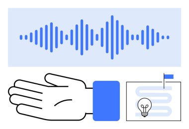Uzanmış el, mavi ses dalgası, yol bir bayraklı ampulle bitiyor. Yenilik, iletişim, yaratıcı süreç, rehberlik, destek teknolojisi çözümleri için idealdir. Satır metaforu