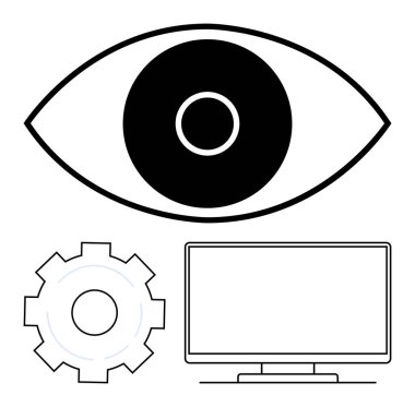 Görme ve teknolojinin entegrasyonunu temsil eden bir dişli ve bilgisayar monitörünün üstündeki göz sembolü. Teknoloji, mühendislik, vizyon, siber güvenlik, yenilik, yazılım için ideal