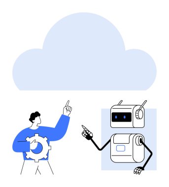 Elinde bir vites tutan kişi, yapay zeka ve teknoloji entegrasyonunu sembolize eden büyük bir bulut altında robotla sohbet ediyor. İşbirliği, teknoloji, yapay zeka, bulut hesaplama, yenilik ve gelecek konuları için ideal