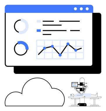 Turta grafikleri ve çizgi grafikleri olan veri paneli ameliyat yapan tıbbi robot, bulut simgesi. Sağlık teknolojisi, veri analizi, robotik cerrahi, bulut hesaplama, tıbbi yenilik için ideal