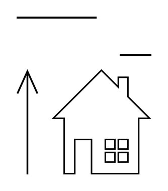 Pencereli ve bacalı ev çizgisi yükselen bir okun yanında. Gayrimenkul, konut piyasası eğilimleri, emlak yatırımı, büyüme görselleştirme, ev sahipliği, ipotek kavramları için ideal