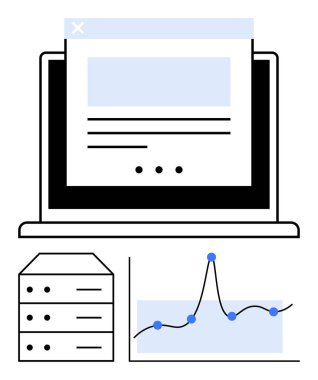 Web 'li dizüstü bilgisayar, v20 tarayıcı pencere veri sunucusu yığını ve çizgi grafik çizelgesi. Teknoloji, web, v20 geliştirme, veri analizi, bilişim altyapısı, dijital pazarlama ve teknoloji eğitimi için ideal. Çizgi