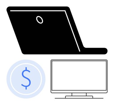 Dizüstü bilgisayar silueti, daire içinde dolar işareti, ve ana hatları izleme teknolojisi, iş ve finans. İş, teknoloji endüstrisi, çevrimiçi işlemler, pazarlama eğitimi için ideal