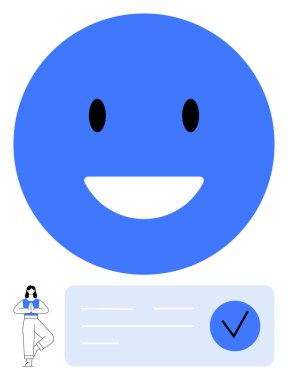 Kocaman gülümseyen bir yüz, yoga pozu veren bir kadın, mavi çemberde işaretli. Zihinsel sağlık, zindelik, sağIık, pozitif farkındalık, kişisel bakım temaları için idealdir. Çizgi benzetmesi. Çizgi benzetmesi. Basit satır simgeleri