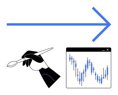 Mavi ok ve grafik penceresinin yanında fırça tutan sanatçı eli. Yaratıcılık, sanat, teknoloji, finans, analitik yön gelişimi için idealdir. Çizgi benzetmesi. Çizgi benzetmesi. Basit satır simgeleri