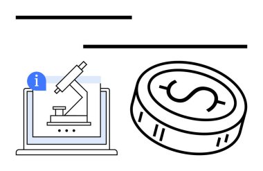 Bilgisayarda mikroskop ve para yerine bilgi simgesi var. Finans, araştırma fonu, ekonomik çalışmalar, dijital yenilik, eğitim, çevrimiçi öğrenim veri analizi için idealdir. Çizgi