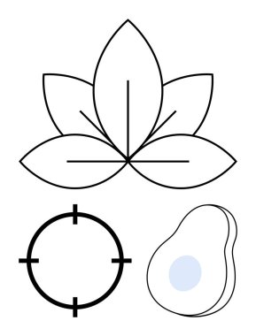 Geometrik sanat, temiz çizgileri olan bir nilüfer çiçeğini, dairesel bir hedef sembolünü ve çizilmiş bir avokado şeklini gösteriyor. Sağlık, hedef alma hedefleri, sağlık, beslenme, farkındalık ve hassasiyet için ideal