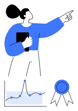 Tabletli kadın ilerlemeyi gösteriyor. Grafik ilerlemeyi gösteriyor. Madalya başarıyı simgeler. Liderlik stratejisi için ideal ilerleme, motivasyon, başarı, yenilik, büyüme. Çizgi