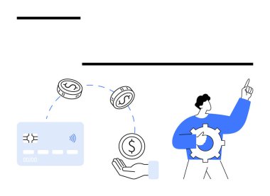 Adam, kart ve el değiş tokuşunun yanında, dişli bir vitesi yukarı doğrultuyor. Finans, ödeme sistemleri, bankacılık uygulamaları, işlemler, fintech, tasarruf çevrimiçi alışveriş için ideal. Satır metaforu