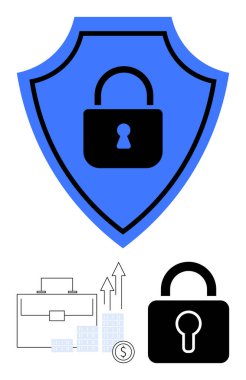 Ortasında siyah asma kilit olan mavi bir kalkan, iş çantası, bar grafiği, bozuk para yığını ve asma kilit. Siber güvenlik, iş güvenliği, mali güvenlik, veri koruma yatırımı için ideal