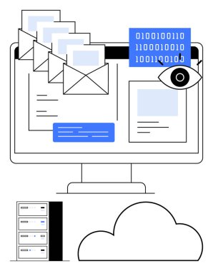 E- posta ve ikili kodlu monitör, e-posta güvenliği, veri ve bulut depolamasını gösteriyor. Siber güvenlik, veri güvenliği, e-posta koruması, bulut hesaplama, bilişim altyapı ağı güvenliği için ideal