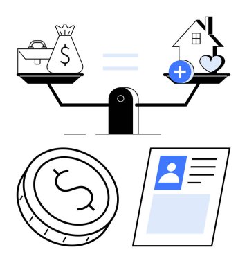 Bir çanta ve parayı ev ve kalple dengelemek. Altında para ve kimlik kartı var. Finansal planlama, iş hayatı dengesi, ev kredileri, yatırımlar, kişisel kimlik