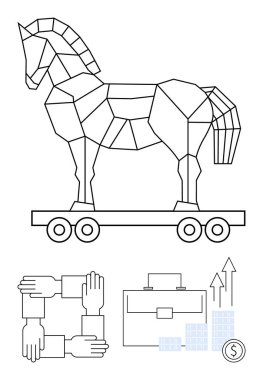Geometrik Truva atı. Yapboz parçaları elleri birbirine kenetlendi, evrak çantası, büyüme çizelgesi ve bozuk para yığını. Siber güvenlik, takım çalışması, strateji, iş büyümesi ortaklıkları için ideal