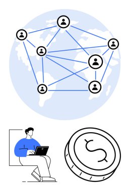 Dünyanın dört bir yanındaki bağlantılı insan ikonları dizüstü bilgisayarda çalışan kişi, madeni parayı temsil eden para. Uzak çalışma, küresel iş, para birimi, teknoloji, finans, bağlantı için ideal