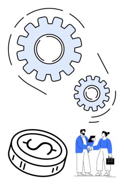 Bir doların üzerinde hareket eden dişliler ve iki profesyonel iş adamı el sıkışıyor. İş ortaklıkları, takım çalışması, finans hizmetleri, strateji geliştirme ve ortaklık anlaşmaları için ideal