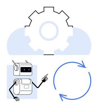 Robot pointing at gear inside cloud, blue circular arrows. Ideal for automation, technology, innovation, sustainability, IoT, efficiency, robotics Line metaphor