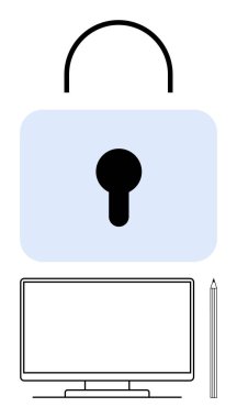 Bilgisayar monitörü ve kalemin üzerinde asılı duran büyük asma kilit sembolü siber güvenlik temasını gösteriyor. Veri koruması, güvenlik farkındalığı, çevrimiçi mahremiyet, güvenli bilgisayar, dijital güvenlik, bilişim için ideal