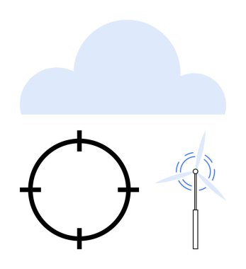 Mavi bulut, siyah hedef çemberi ve dönen bıçaklı rüzgar türbini ikonu. Temiz enerji, sürdürülebilirlik, hassasiyet teknolojisi, hava tahminleri, çevresel koruma, enerji için ideal