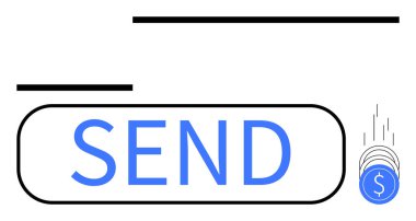 Üst üste binen madeni para simgeleriyle finansal işlemleri ya da ödeme işlemlerini gösteren büyük bir SEND düğmesi. Uygulamalar, hizmetler, dijital finans, e-ticaret, çevrimiçi ödemeler, para transferleri için ideal