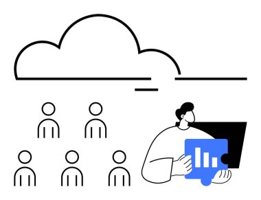 Bulut veri depolamayı sembolize eder. Altı kişi dizüstü bilgisayarla takım çalışmasını temsil eder. Veri analizini tasvir eder. Bulut hesaplama, veri bilimi, takım çalışması, analitik, işbirliği, büyüme için ideal