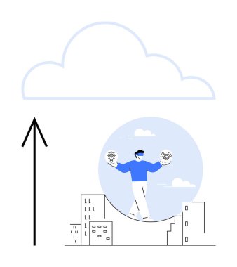 Vites ve doküman taşıyan bireysel araçlar, şehrin üzerinde bulutlu ve yukarı bakan bir okla yürüyor. Bulut depolama, teknoloji, yenilik, iş stratejisi, ileri düşünme ve veri için ideal