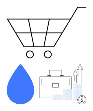 Alışveriş arabası, mavi su teslimatı, iş çantası, finansal büyüme tablosu ve madeni paralar. E-ticaret, perakende, su tasarrufu, işletme yönetimi finans yatırımı ekonomisi için ideal