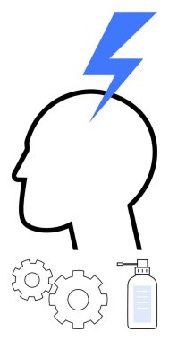 Mavi yıldırımlı, vites dişlisi ve şişesi olan insan kafası. Yenilik, beyin fırtınası, yaratıcılık, akıl sağlığı, problem çözme, sağlık hizmetleri dijital çözümleri için idealdir. Satır metaforu