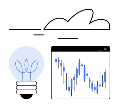 Fikirleri sembolize eden ampul, çevrimiçi depolamayı temsil eden bulut ve finansal veri eğilimlerini gösteren bir şamdan tablosu. Yenilik, beyin fırtınası, veri analizi, finans ve çevrimiçi araçlar için ideal