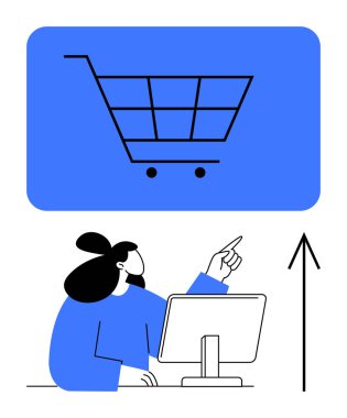 Masadaki iş kadını bir alışveriş arabası ikonu ve yukarı doğru ok gösteren bir bilgisayar ekranını işaret ediyor. Çevrimiçi alışveriş, e-ticaret büyümesi, iş başarısı, satış artışı, dijital