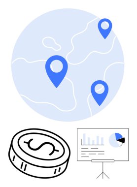 Mavi konum işaretleyicili dünya, madeni para simgesi ve grafikli bir sunum tahtası. Finans, küresel işletme, veri analizi, piyasa araştırması, ekonomik çalışmalar, uluslararası