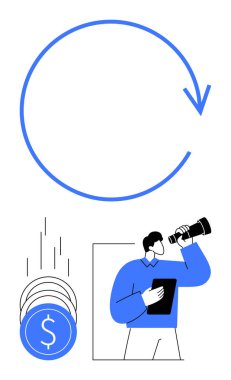 Elinde tablet tutarken teleskopla bakan bir iş adamı dolar işaretleri ve mavi dairesel oklu finansal büyüme simgelerini gözlemliyor. İş stratejisi, mali planlama ve yatırım için ideal